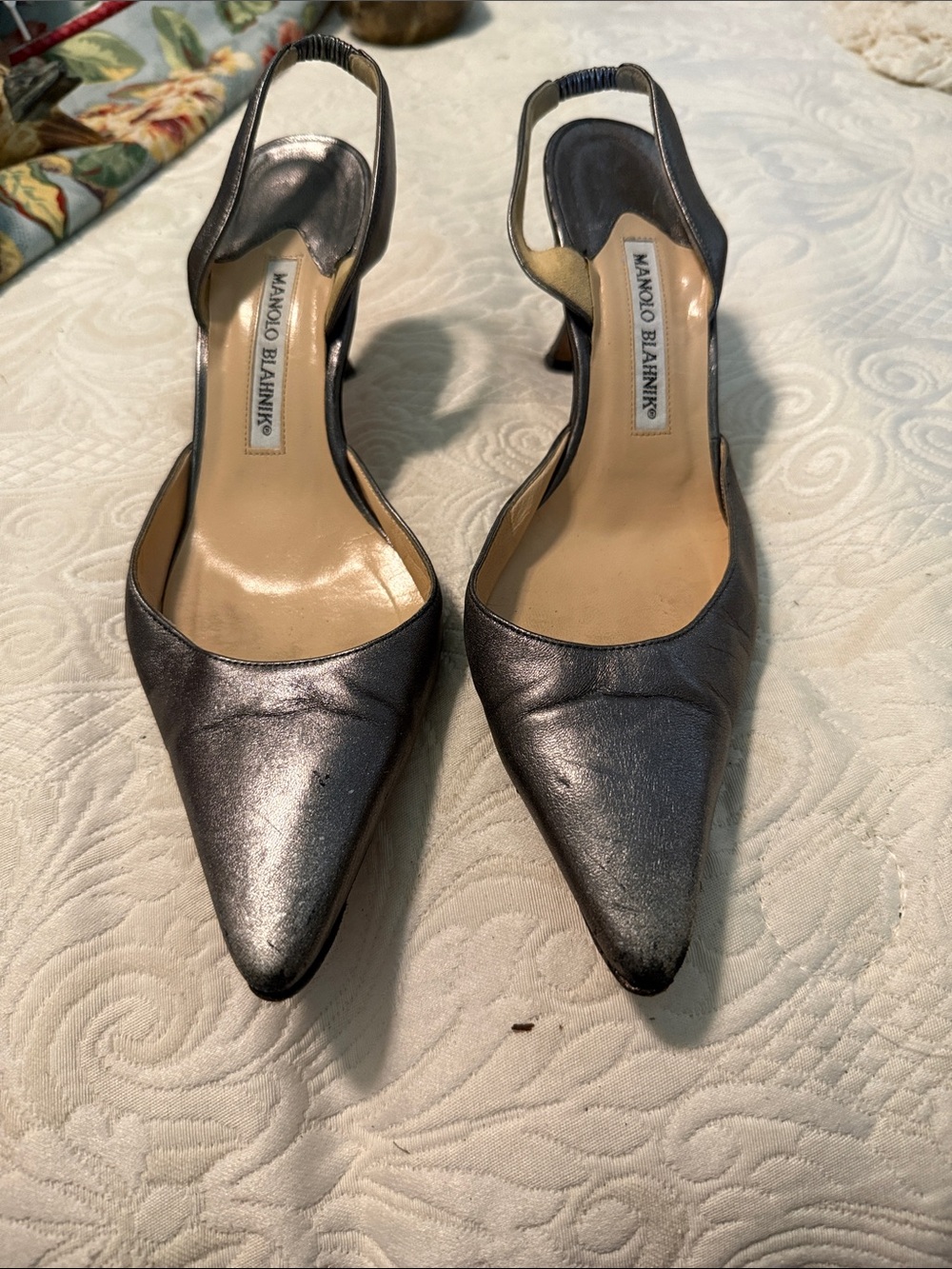Manolo Blahnik Metallic Pewter Pointed-Toe Slingback Heels